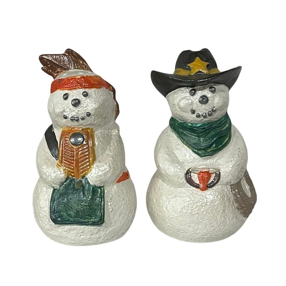 Vtg Western Snowman Salt Pepper Shaker Set Hand Painted Christmas Holiday Decor